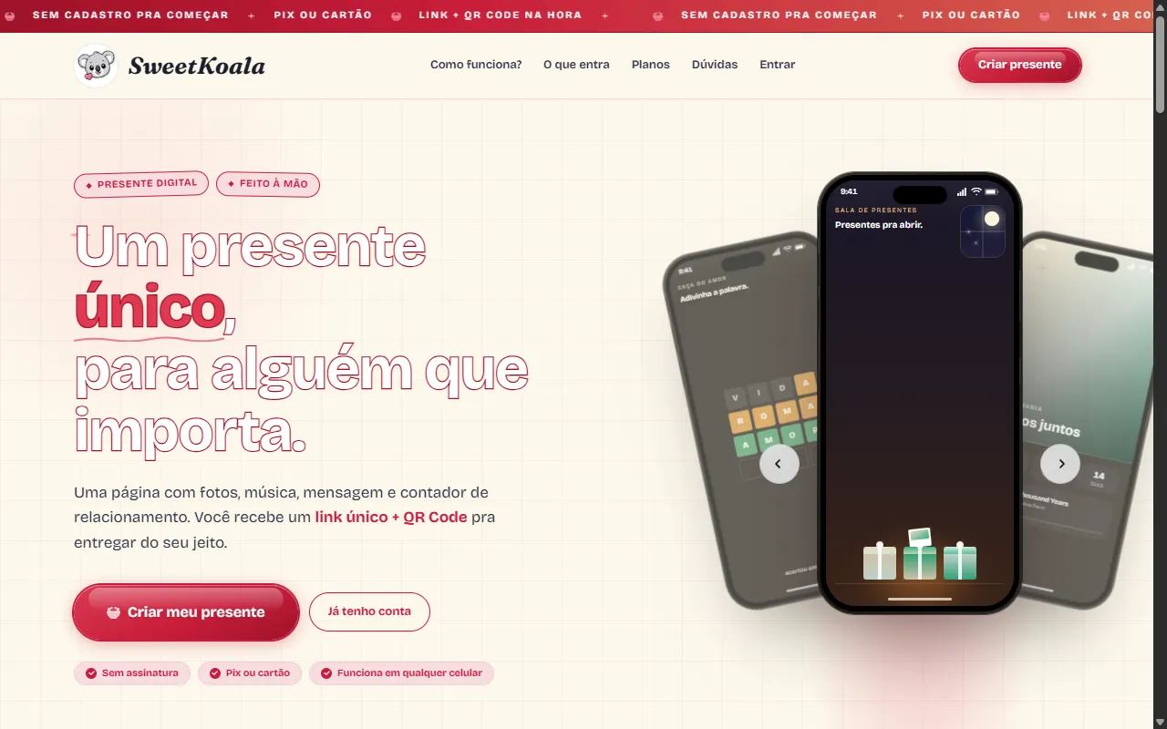 Página inicial do SweetKoala: mascote de coala ilustrado, chamada para montar a página de presente e os passos de criação.